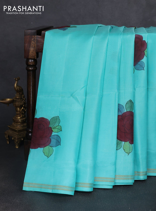 Pure soft silk saree teal blue and yellow with kalamkari hand painted prints and kalamkari hand printed pallu