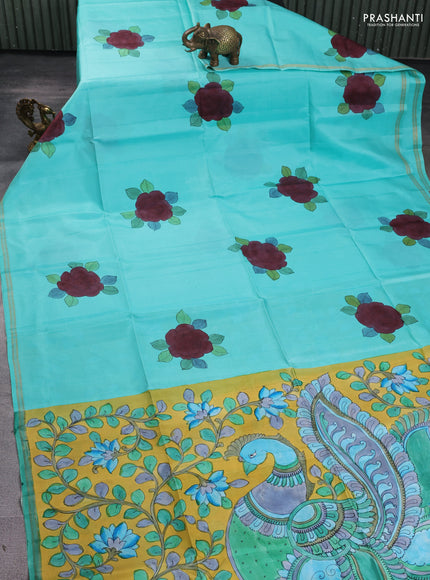 Pure soft silk saree teal blue and yellow with kalamkari hand painted prints and kalamkari hand printed pallu