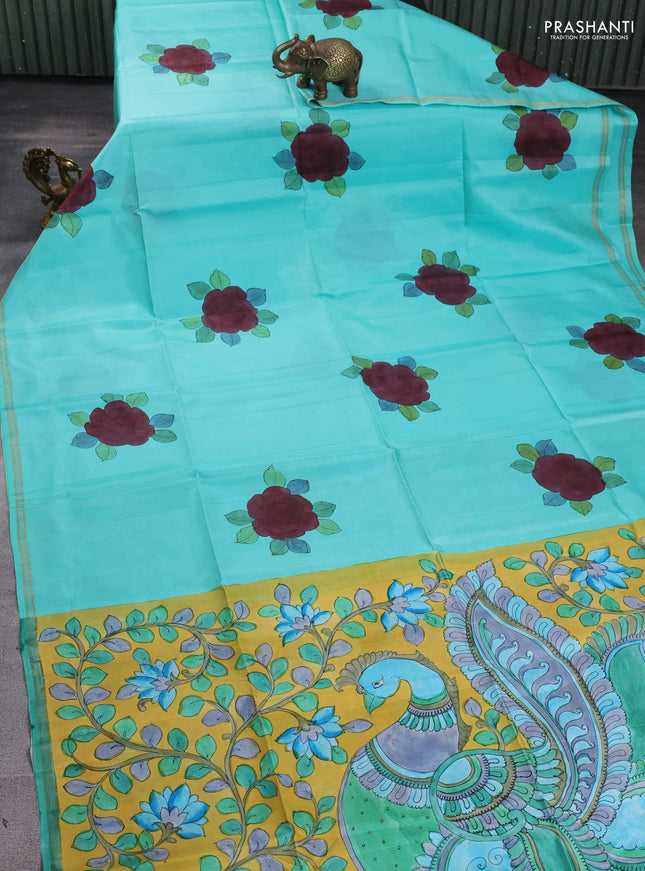 Pure soft silk saree teal blue and yellow with kalamkari hand painted prints and kalamkari hand printed pallu