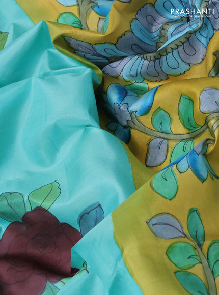 Pure soft silk saree teal blue and yellow with kalamkari hand painted prints and kalamkari hand printed pallu