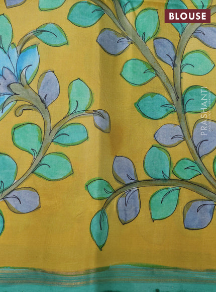Pure soft silk saree teal blue and yellow with kalamkari hand painted prints and kalamkari hand printed pallu