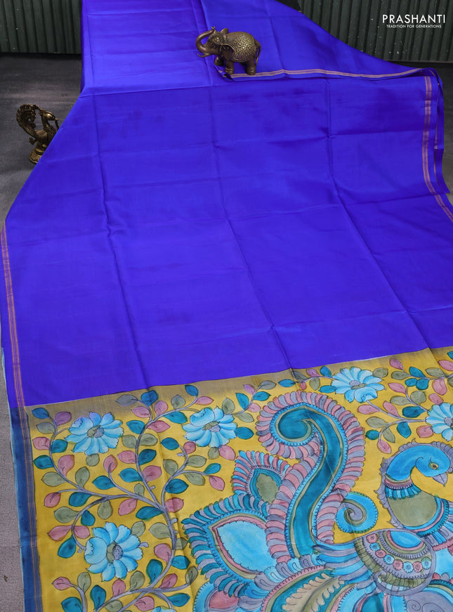 Pure soft silk saree royal blue and yellow with plain body and kalamkari hand printed pallu