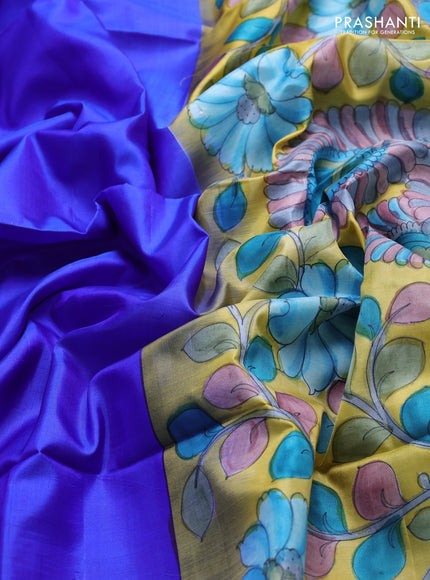 Pure soft silk saree royal blue and yellow with plain body and kalamkari hand printed pallu