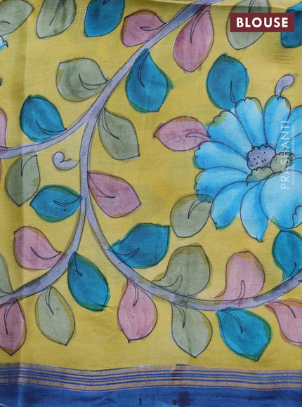 Pure soft silk saree royal blue and yellow with plain body and kalamkari hand printed pallu