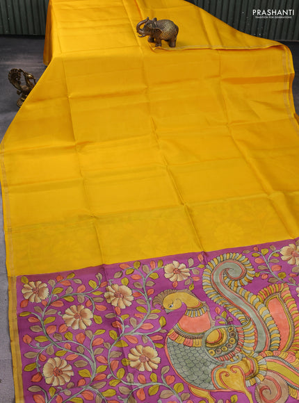 Pure soft silk saree yellow and purple shade with plain body and kalamkari hand printed pallu