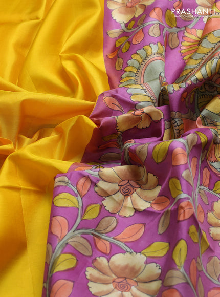 Pure soft silk saree yellow and purple shade with plain body and kalamkari hand printed pallu