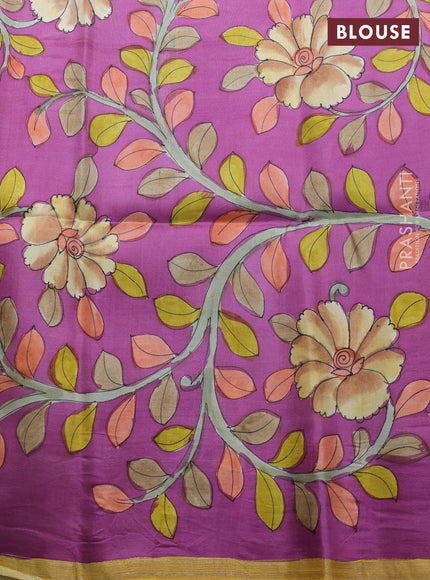 Pure soft silk saree yellow and purple shade with plain body and kalamkari hand printed pallu