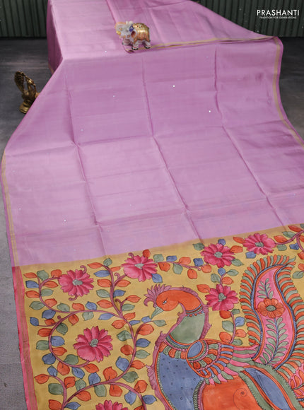 Pure soft silk saree lotus pink and yellow with mirror embroidery work and kalamkari hand printed pallu