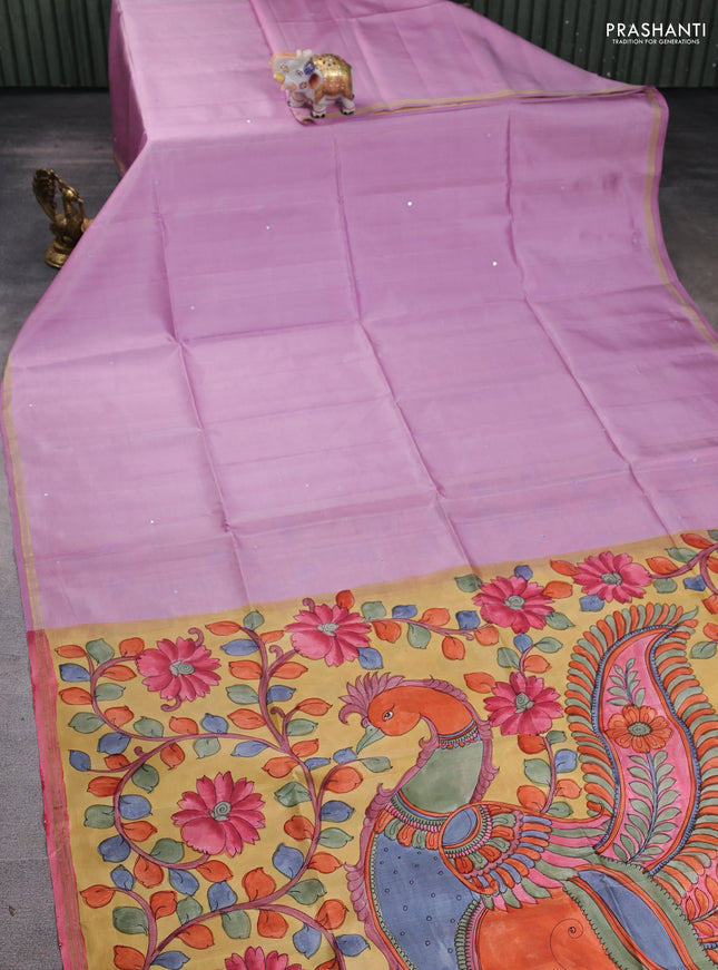 Pure soft silk saree lotus pink and yellow with mirror embroidery work and kalamkari hand printed pallu