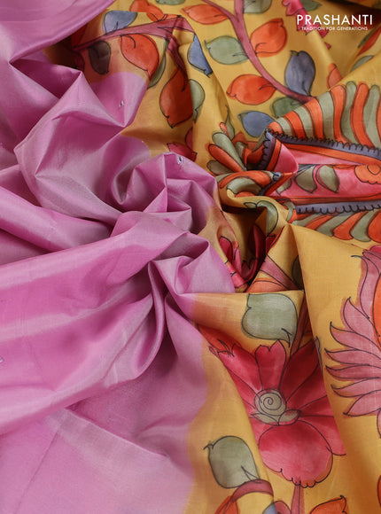 Pure soft silk saree lotus pink and yellow with mirror embroidery work and kalamkari hand printed pallu