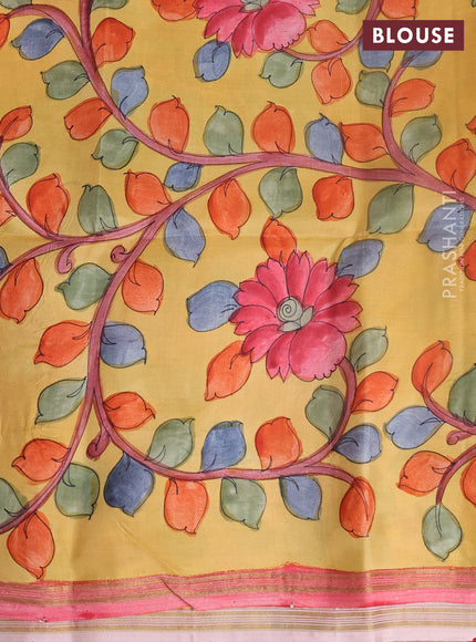 Pure soft silk saree lotus pink and yellow with mirror embroidery work and kalamkari hand printed pallu