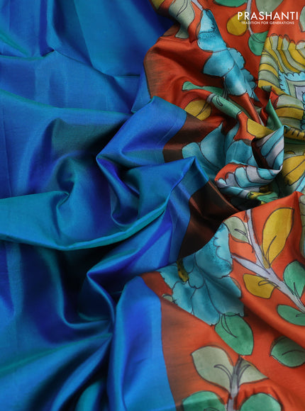 Pure soft silk saree dual shade of bluish green and rustic orange with plain body and kalamkari hand printed pallu