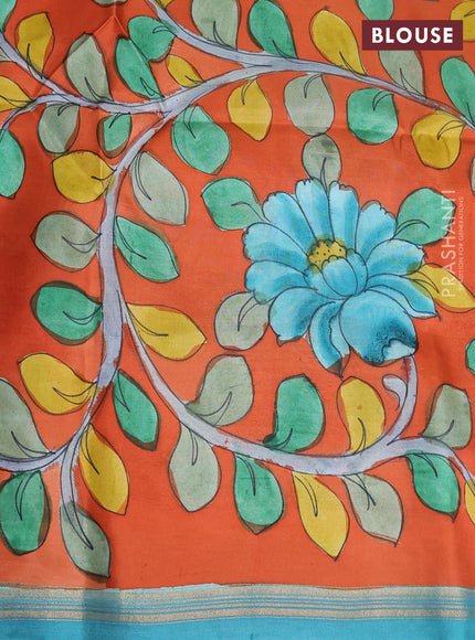 Pure soft silk saree dual shade of bluish green and rustic orange with plain body and kalamkari hand printed pallu
