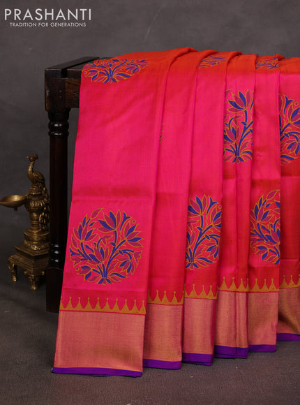 Uppada block printed saree dual shade of pinkish orange and royal blue with butta prints and zari woven border