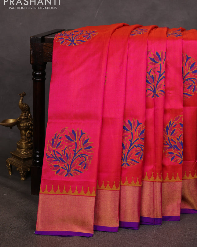 Uppada block printed saree dual shade of pinkish orange and royal blue with butta prints and zari woven border