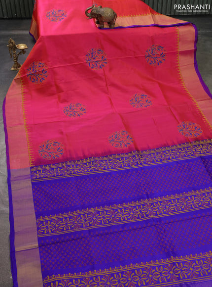 Uppada block printed saree dual shade of pinkish orange and royal blue with butta prints and zari woven border