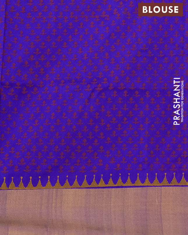 Uppada block printed saree dual shade of pinkish orange and royal blue with butta prints and zari woven border