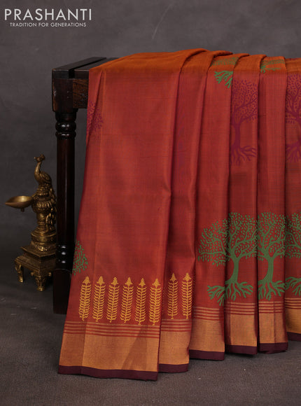 Uppada block printed saree dark mustard and coffee brown with butta prints and zari woven border