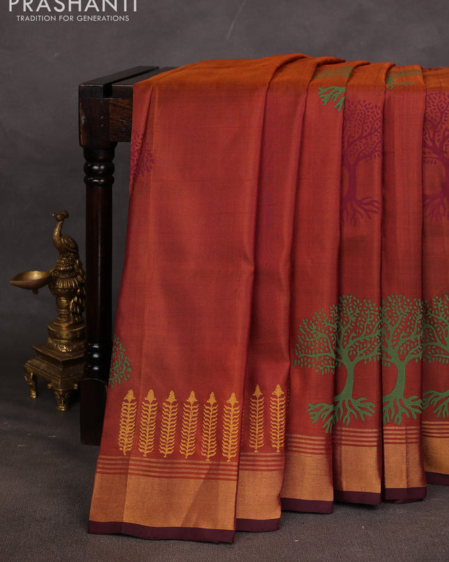 Uppada block printed saree dark mustard and coffee brown with butta prints and zari woven border