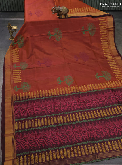 Uppada block printed saree dark mustard and coffee brown with butta prints and zari woven border