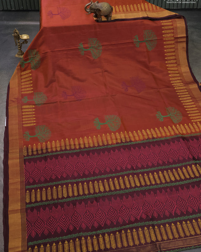 Uppada block printed saree dark mustard and coffee brown with butta prints and zari woven border