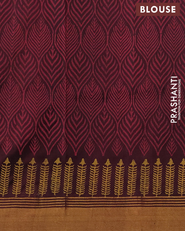 Uppada block printed saree dark mustard and coffee brown with butta prints and zari woven border