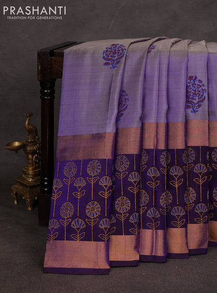 Uppada block printed saree dual shade of blue and dark blue with butta prints and long printed zari woven border