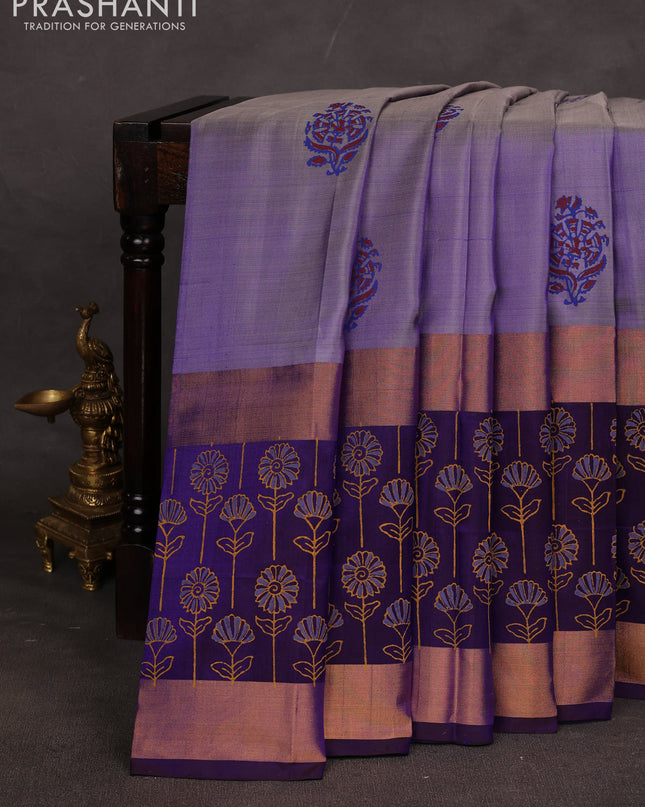 Uppada block printed saree dual shade of blue and dark blue with butta prints and long printed zari woven border