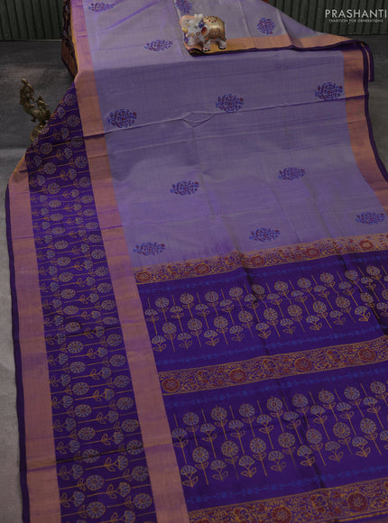 Uppada block printed saree dual shade of blue and dark blue with butta prints and long printed zari woven border