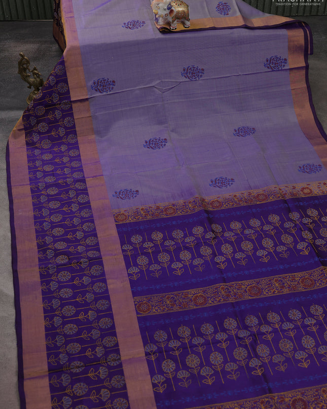 Uppada block printed saree dual shade of blue and dark blue with butta prints and long printed zari woven border