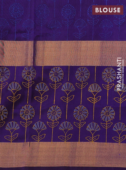 Uppada block printed saree dual shade of blue and dark blue with butta prints and long printed zari woven border