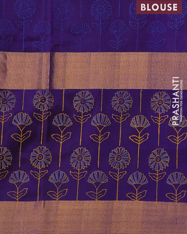 Uppada block printed saree dual shade of blue and dark blue with butta prints and long printed zari woven border