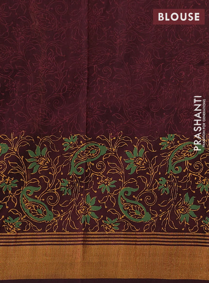 Uppada block printed saree mustard yellow and coffee brown with butta prints and long printed zari woven border