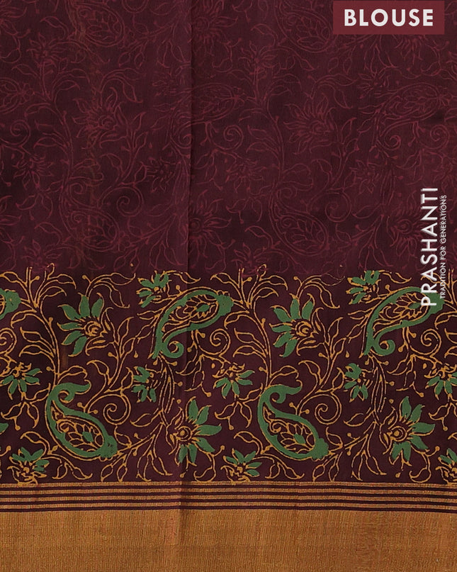 Uppada block printed saree mustard yellow and coffee brown with butta prints and long printed zari woven border