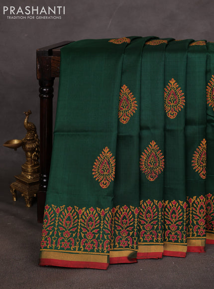 Uppada block printed saree bottle green and red with butta prints and printed border