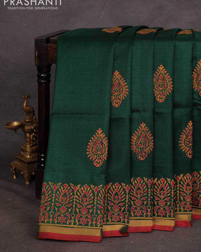 Uppada block printed saree bottle green and red with butta prints and printed border