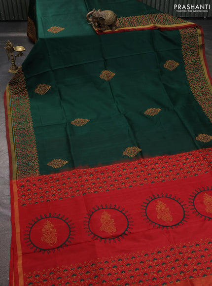 Uppada block printed saree bottle green and red with butta prints and printed border