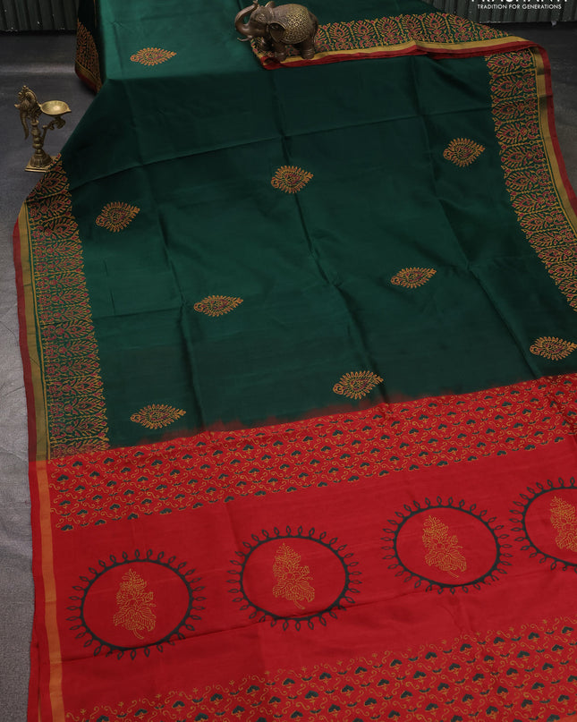 Uppada block printed saree bottle green and red with butta prints and printed border