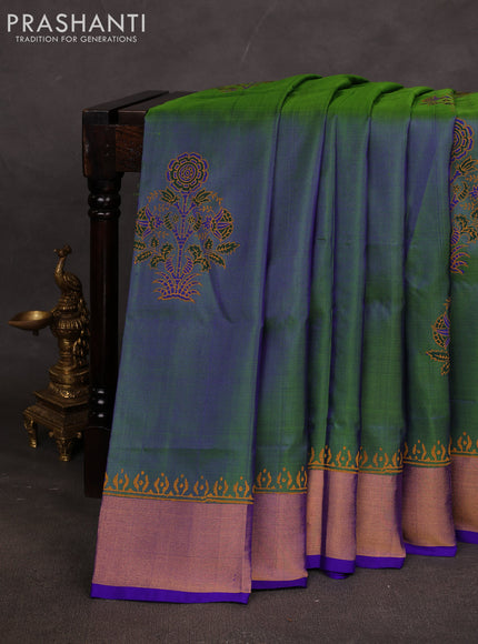 Uppada block printed saree dual shade of bluish green and royal blue with butta prints and zari woven border
