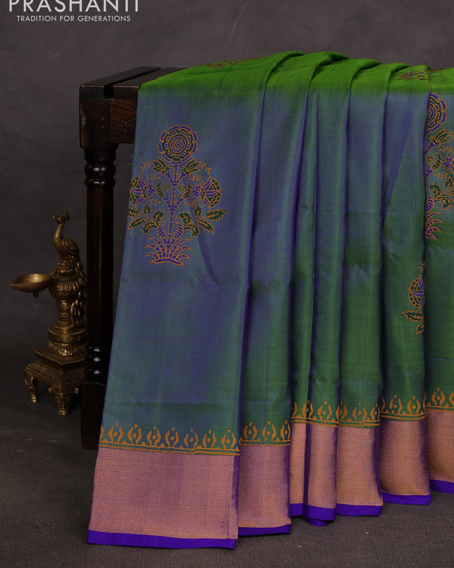 Uppada block printed saree dual shade of bluish green and royal blue with butta prints and zari woven border