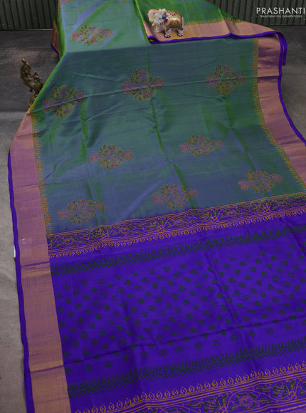 Uppada block printed saree dual shade of bluish green and royal blue with butta prints and zari woven border