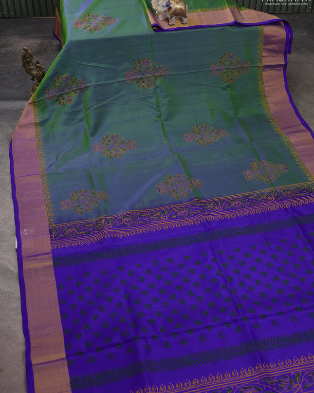 Uppada block printed saree dual shade of bluish green and royal blue with butta prints and zari woven border