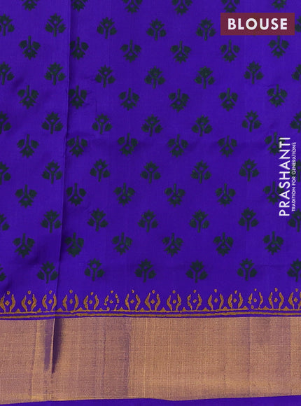 Uppada block printed saree dual shade of bluish green and royal blue with butta prints and zari woven border