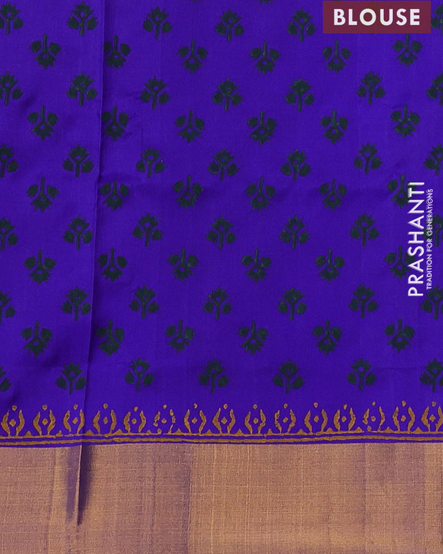 Uppada block printed saree dual shade of bluish green and royal blue with butta prints and zari woven border