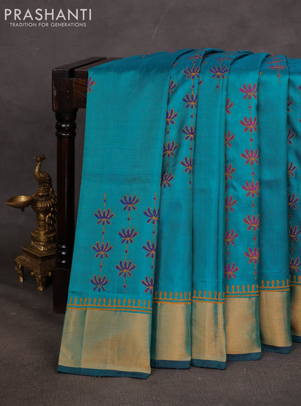 Uppada block printed saree teal green shade and dark blue with prints and zari woven border