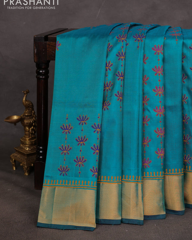 Uppada block printed saree teal green shade and dark blue with prints and zari woven border