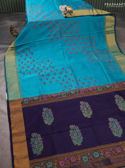 Uppada block printed saree teal green shade and dark blue with prints and zari woven border