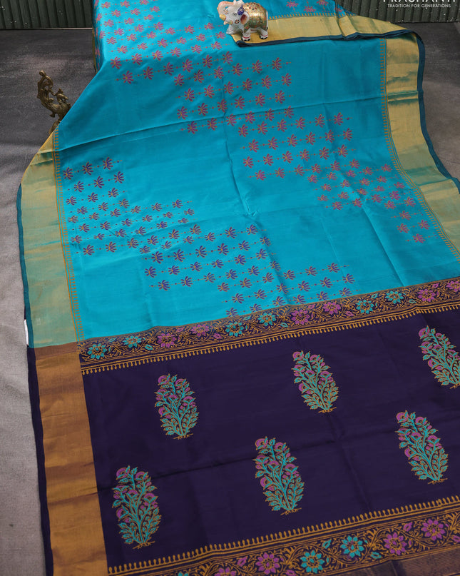 Uppada block printed saree teal green shade and dark blue with prints and zari woven border