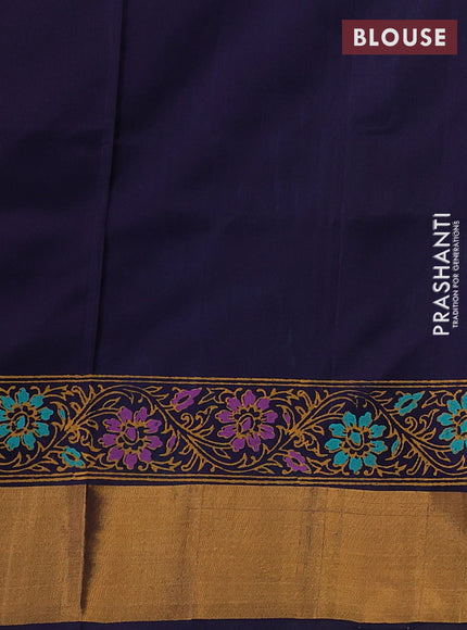 Uppada block printed saree teal green shade and dark blue with prints and zari woven border