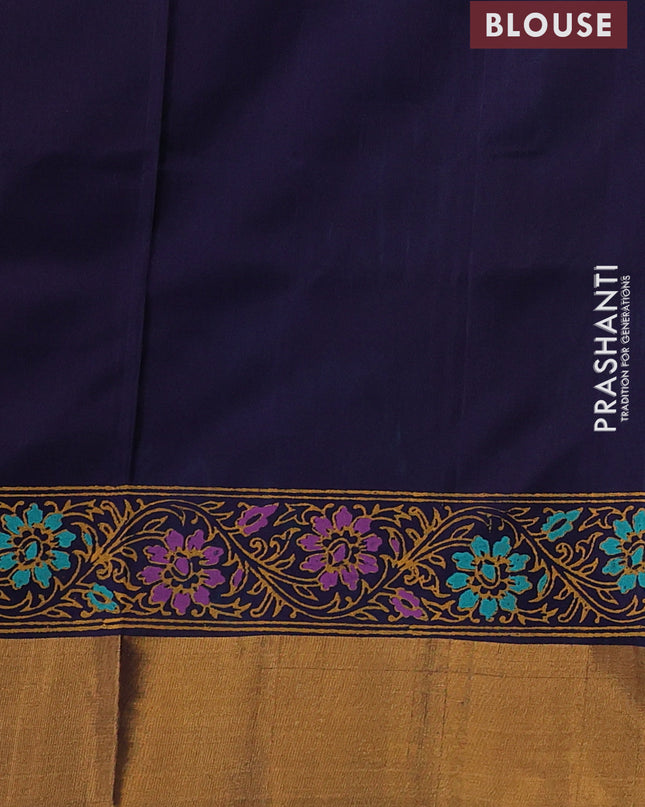 Uppada block printed saree teal green shade and dark blue with prints and zari woven border